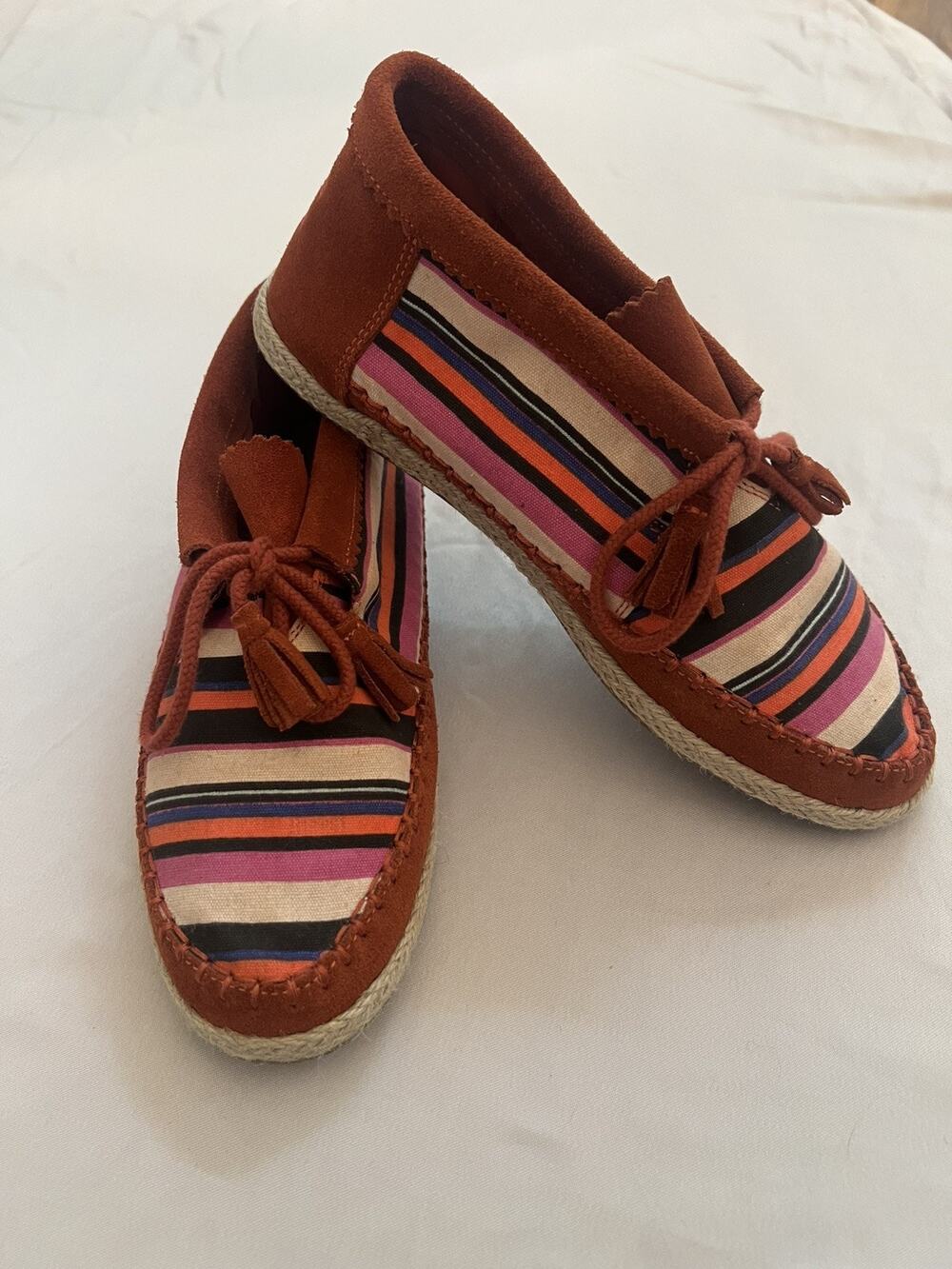 TOMS Booties Women’s 7.5 Brown/Orange Suede Stripe Palmera Moccasin Shoes